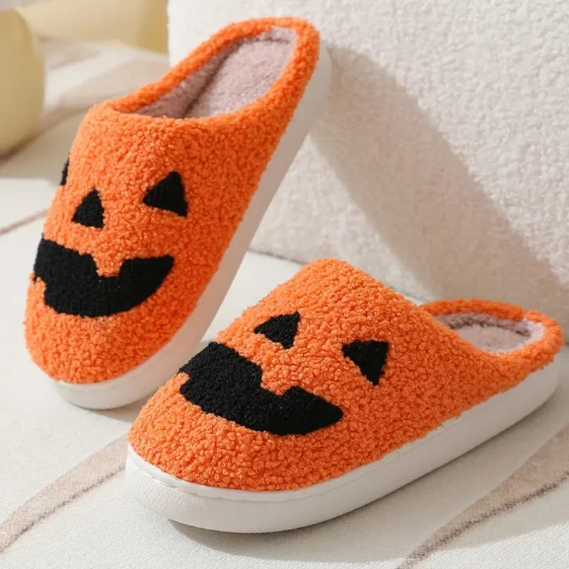 Halloween Pumpkin House Slipper Women Fuzzy Winter Warm Kawaii Plush Indoor Floor Non Slip Men Male Home Shoes Female Plaid Gift