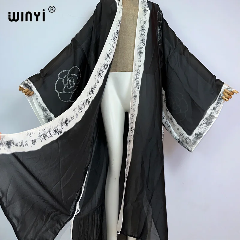 WINYI Africa summer Women black printing Long Sleeve Cardigan Female Loose beach Cover Up boho dress Streetwear holiday kimono