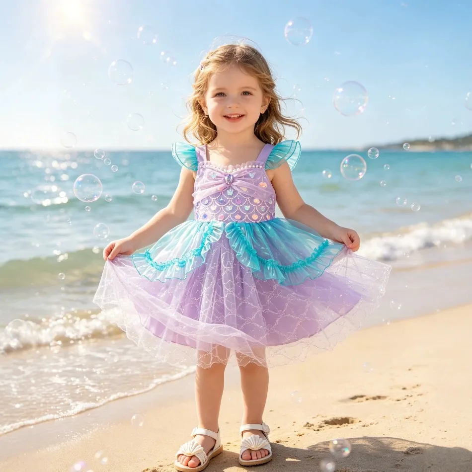 Mädchen-Kleid mit lila Meerjungfrauenschuppen, Pailletten, Tüll, Sommer-Outfit für Kinder, für Strandurlaub, Geburtstagsfeier, Halloween-Kostüm ZD36
