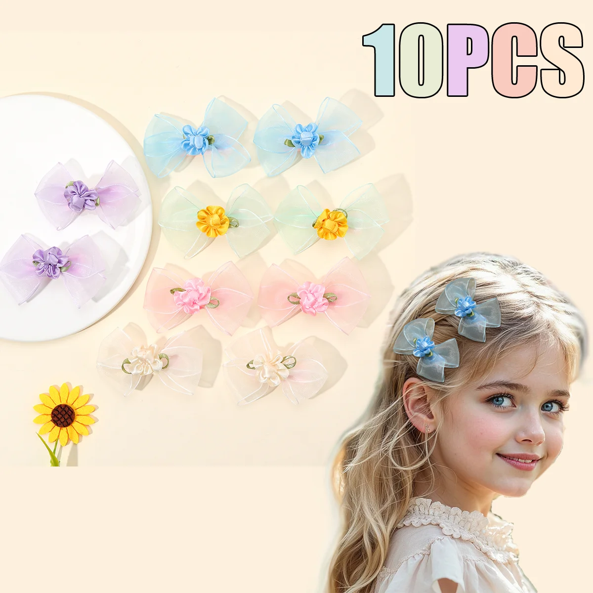 

10Pcs Chiffon Flower Hair Clips Sweet Foral Bow Hairpin For Girls Children's Trendy Popular Headwear Headdress Hair Accessories