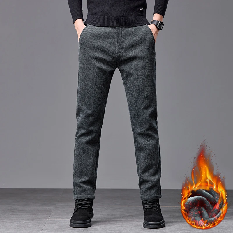 Men's Winter Fleece Elastic Casual Pants Thick Warm Soft Business Stretch Slim Trousers Streetwear Fashion Korean Brand Clothes