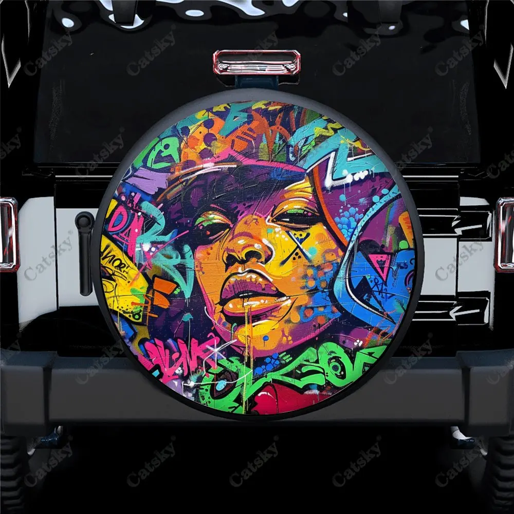 

Hip Hop Character Graffiti Car Spare Tire Cover Auto Accessories Decor Wheel Wrap Protect for Trailer SUV Truck Camper 14-17in