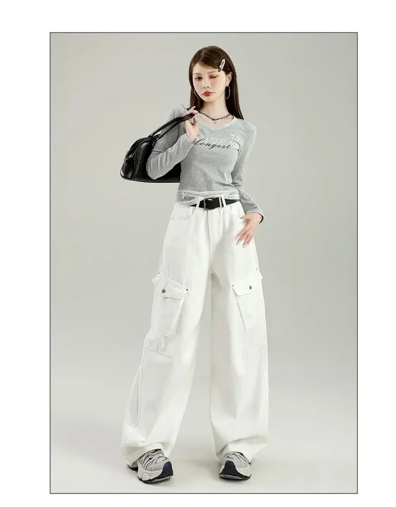 جينز نسائي، خصر عالي، نحيف، ساق مستقيمة، بنطال واسع الساق، طراز أمريكي قديم، بنطال فضفاض مناسب