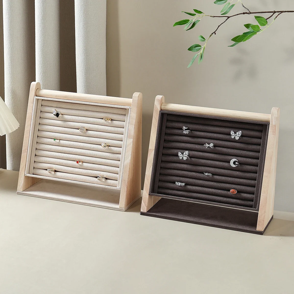 Eco Wood Ring Holder & Leather/Velvet Desk Organizer – Compact Anti-Loss Storage, Holiday Gift