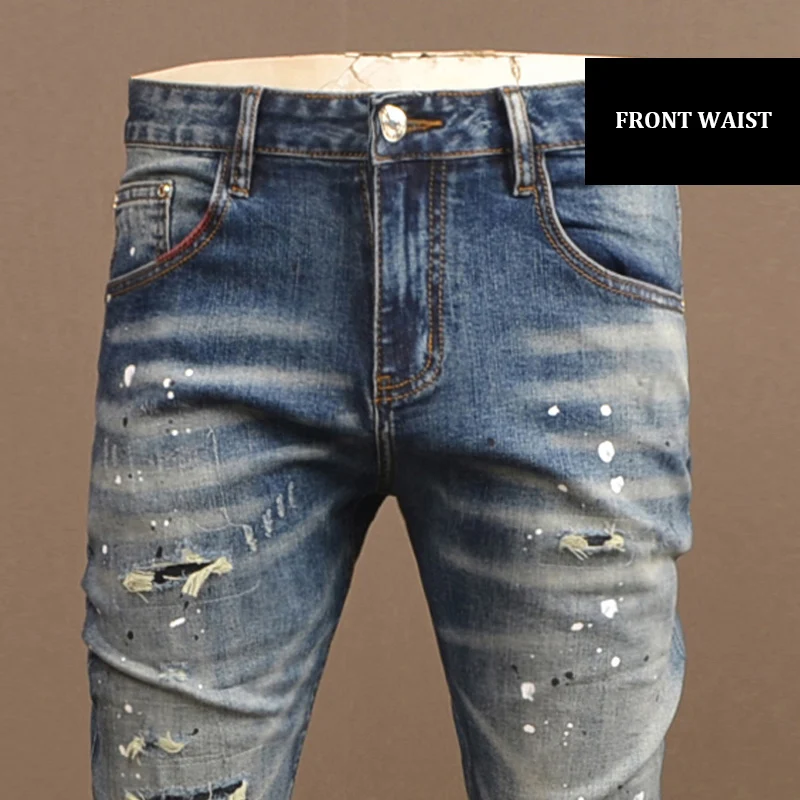 Street Fashion Designer Men Jeans Retro Blue Stretch Slim Fit Patched Ripped Jeans Men Y2K Painted Vintage Denim Pants Hombre