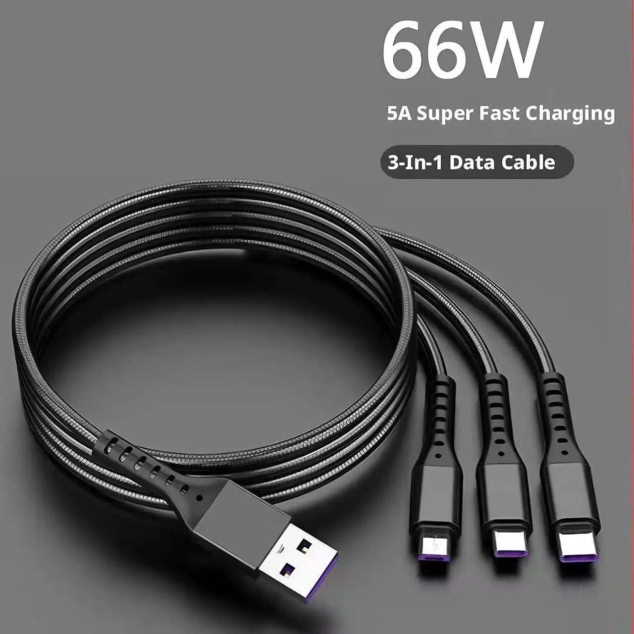 Braided 3 In One 66W 5A Super Fast Charging Cord Multi Interface Universal Charging Cable Portable Multi Head Quick Charge