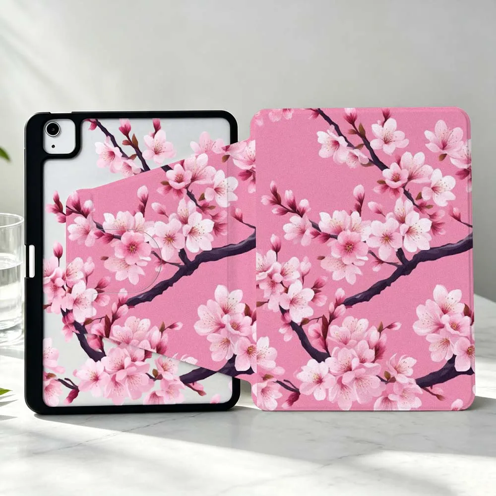 Pink Cherry Blossom Pattern For iPad Pro Air mini 6 5 4 12th M5 M4 M3 M2 A16 A17Pro 360° Rotation Stylus Storage Tablet Case