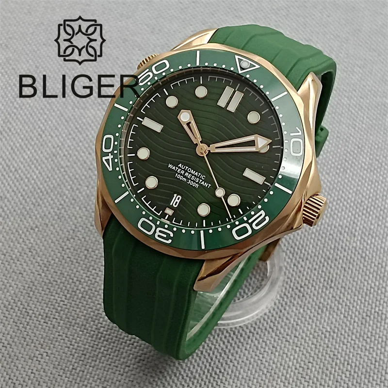 BLIGER Luxury 41mm Men Watch Rose gold Case Ceramic Sapphire Glass Green Dial Green Date At 6 o\'clock NH35 Movement Rubber Strap