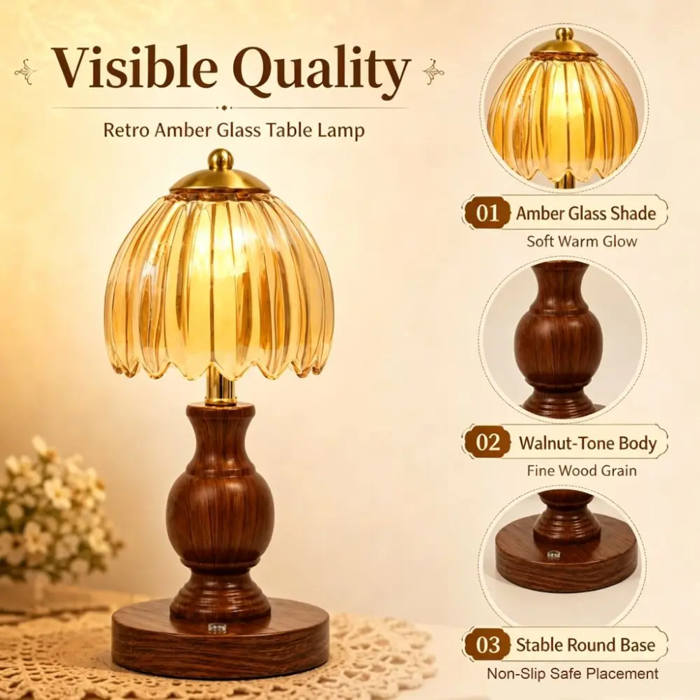 Walnut Wood Tone Retro Glass Table Lamp Glass Lampshade Amber Horizontal Pattern Vintage Glass Table Lamp