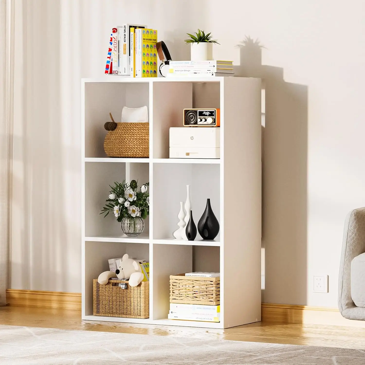

6-Piece Wood Cube Storage Organizer with Open Back & Removable Panels, 11' White Cubicle Shelf for Home Office, Bedroom