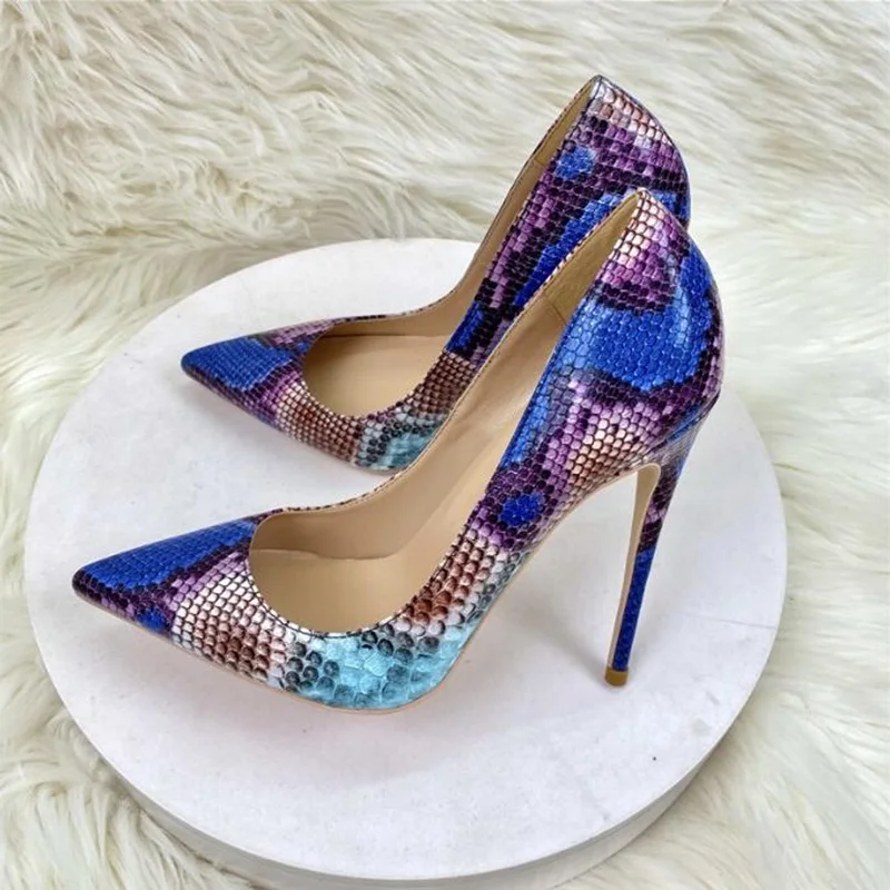 

Multi Colors Snakeskin Leather Women Stiletto Heels Shoes Python Pattern Printed Shallow Slip On Evening Party shoes size 45