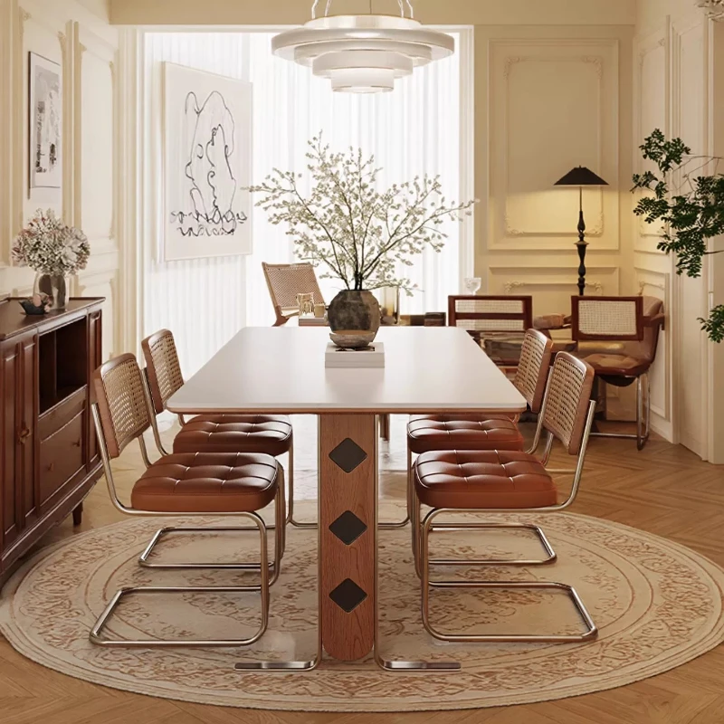 Home French Household Solid Wood Rock Slab Dining Table Rectangular Stainless Steel Kitcjen Tables Rooms Pliante Furniture