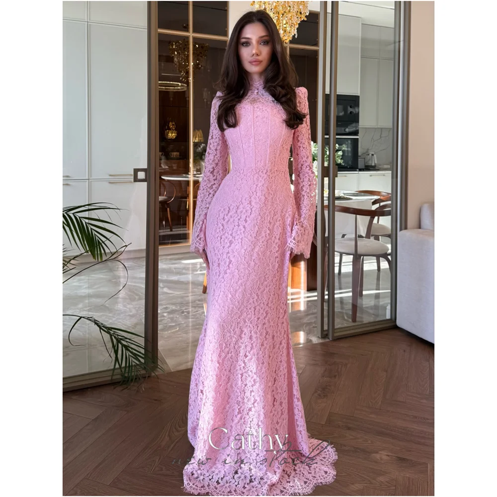 

Cathy Customized Pink Detachable Sleeves Lace Prom Dresses Modest Mermaid Vestidos De Noche Gorgeous Floor-length Formal Evening