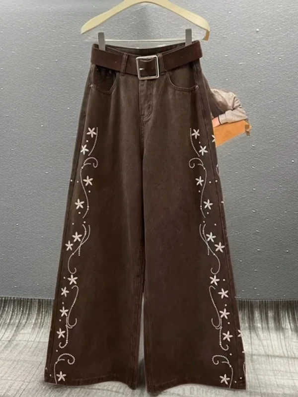 

Floral Embroidery Loose High Waist Wide Leg Jeans Women's Fashion Retro American Style Casual Comfortable Fit Autumn Jeans