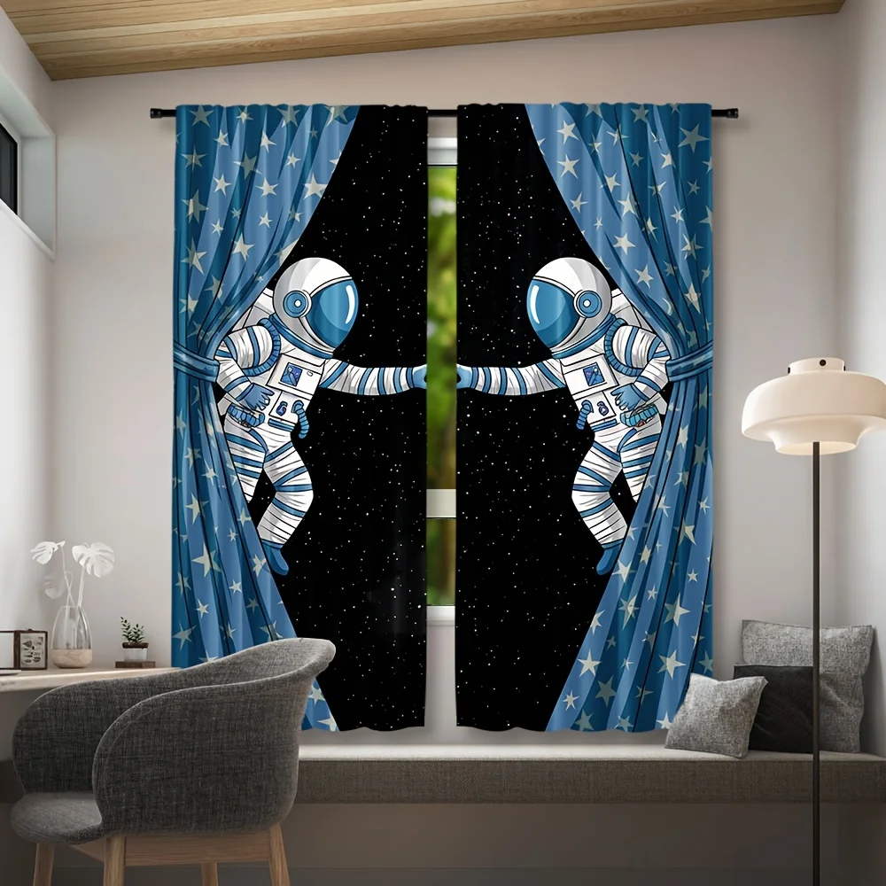 2pcs Astronaut Space Curtains - Fun & Adventure-Themed Polyester Drapes with Rod Pockets, Machine Washable, Blue Starry Design f