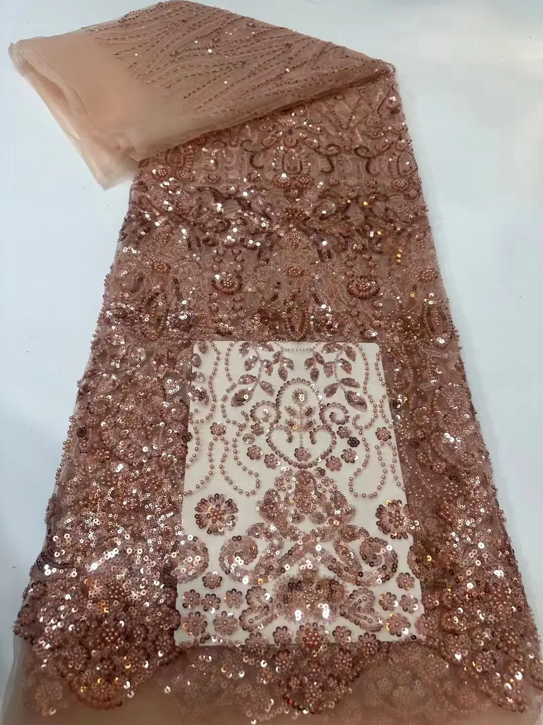 Latest Luxury Pink Beaded Sequins African Lace Fabric 2026 High Quality Handmade Beads French Lace Fabric For Dress Sew KHD26180