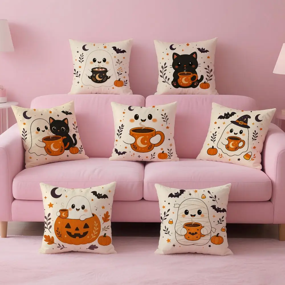 Halloween Ghost Black Cat Mummy Owl Hot Drink Cushion Cover Comfortable Double Sided Pillow Cover For Car Sofa Bedroom & More