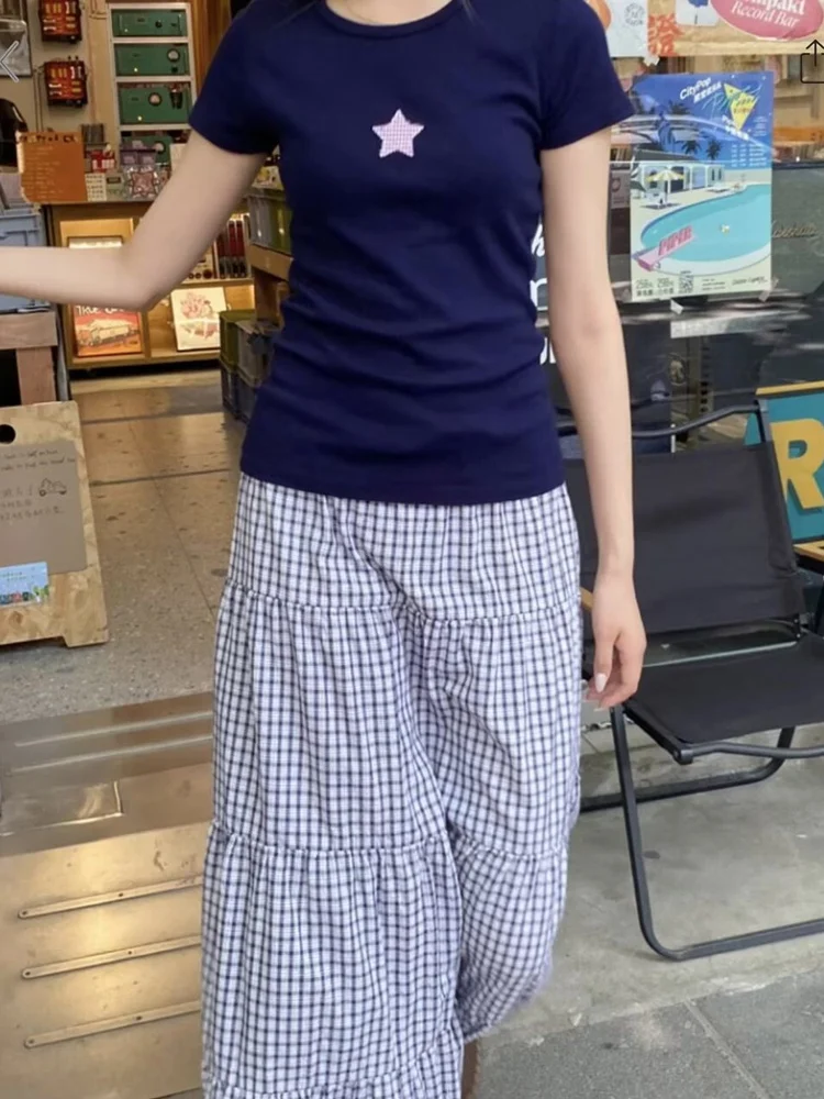 

Retro American Brandy BM ort Sve T-irt Women Slim Fit round Ne ort Top Embroidered Star Cotton Sweat Absorbent Summer