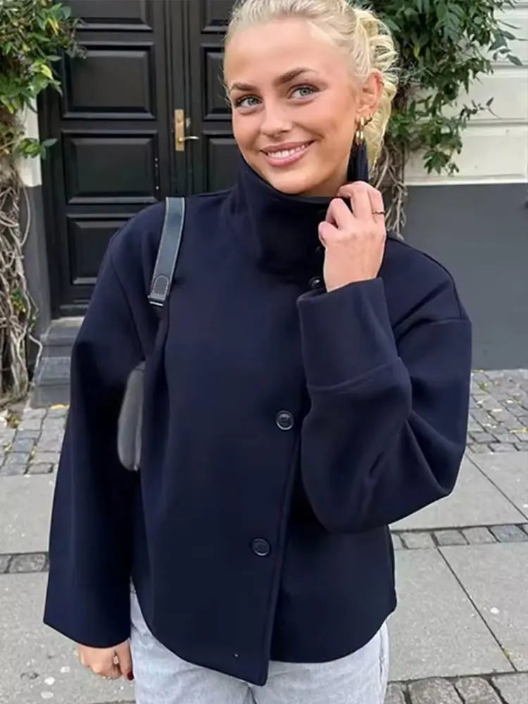

Long-sleeved Turtleneck Single-breasted Female Simple Versatile Short Coats Autumn Women's Solid Color Casual Jackets