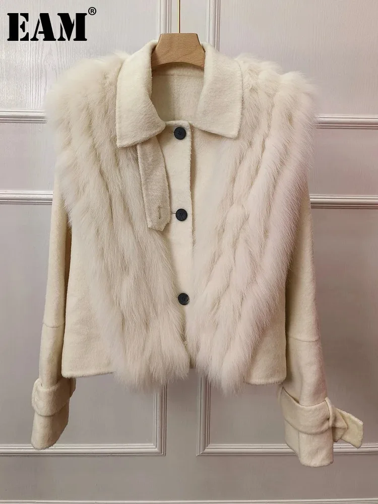 [EAM] Beige Fur Big Size Short Elegant Woolen Coat New Lapel Long Sleeve Women Jacket Fashion Tide Autumn Winter 2024 1DH8515