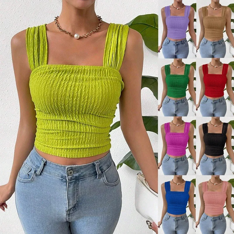 Lime Green Tank Top Ruffle Crop Camisole Ruched Front Fixed Strap Vest Top Emerald Green Sleeveless Top Fuchsia Red Black