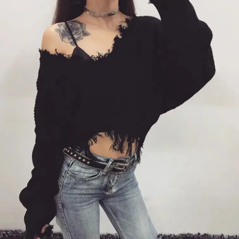 Distressed Women Sweater Autumn Winter Baggy Pullovers Off Shoulder Cropped Sweatshirt Bottom Tassel Fashion Plain Color Sweater