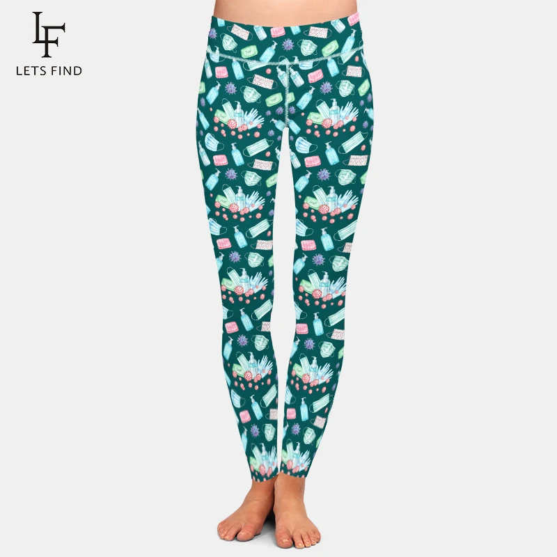 LETSFIND คุณภาพสูงสตรี Leggings หน้ากากทางการแพทย์ดิจิตอลพิมพ์สูงเอวสบายกางเกงขายาวออกกำลังกาย