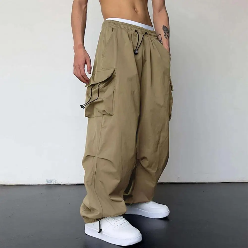 Men Cargo Pants Multi Pocket Oversized Solid Color Elastic High Waist Deep Crotch Ankle-banded Soft Hip Hop Men Long Trousers