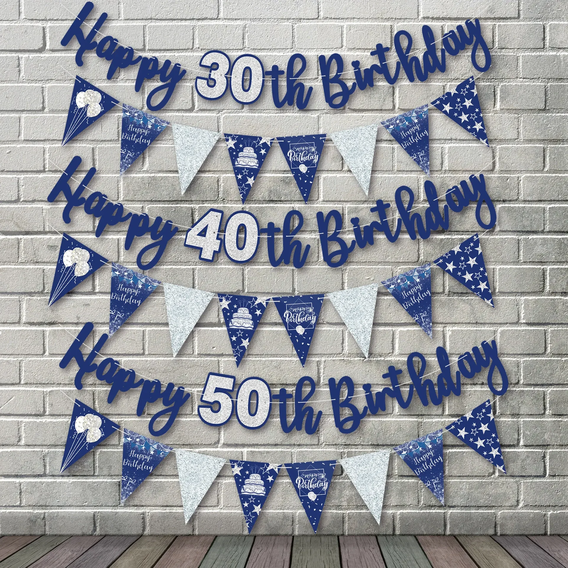 Happy Birthday Banner Dark Blue Garland Banners Pulling Flags DIY Party Decoration 30th 40th 50th 60th Supplies Decor Gift