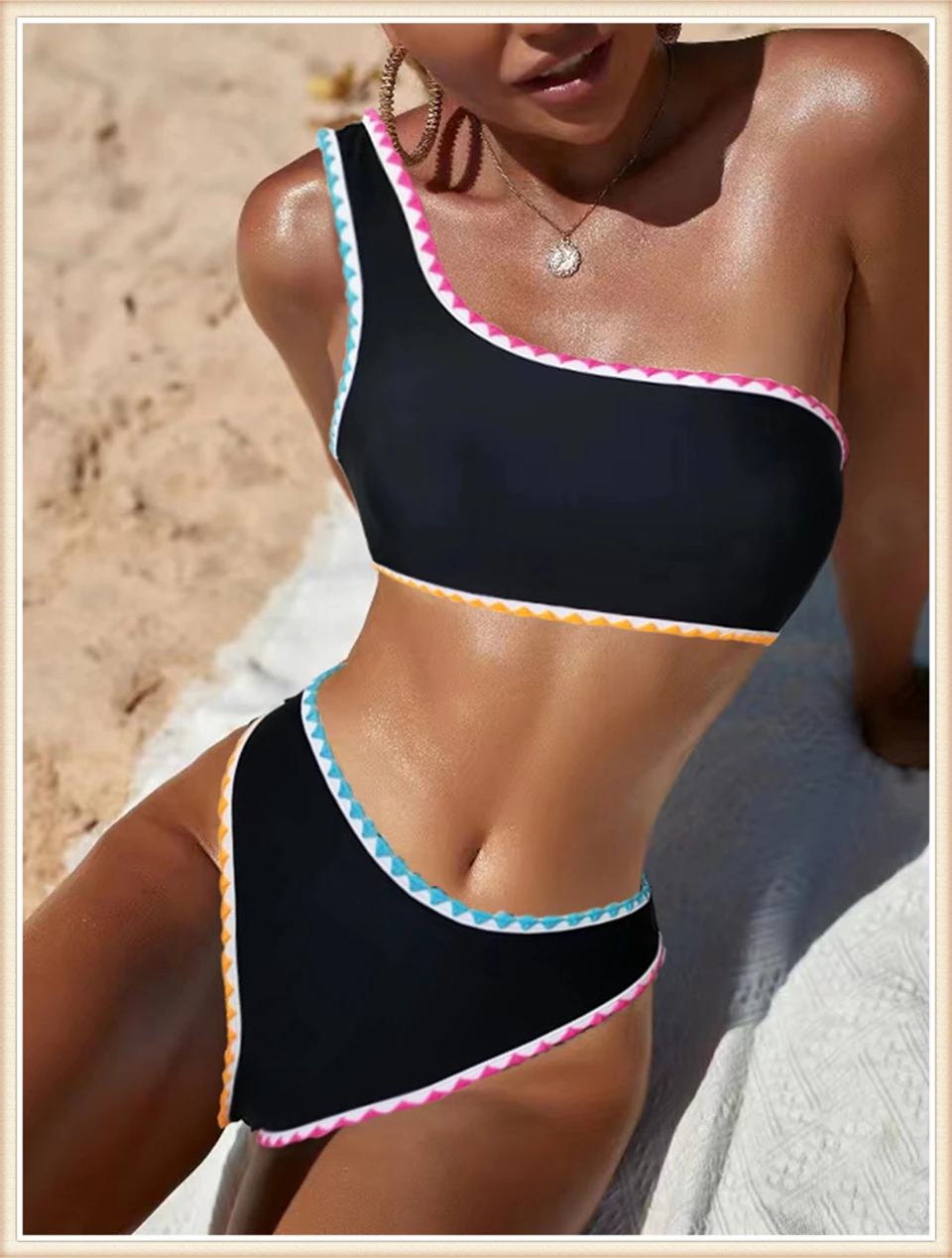 Colorful Bordered Decor Bikini 2023 Women One Shoulder Swimsuit Solid High Wasited Swimwear Female Bathers Bathing Swimming Suit