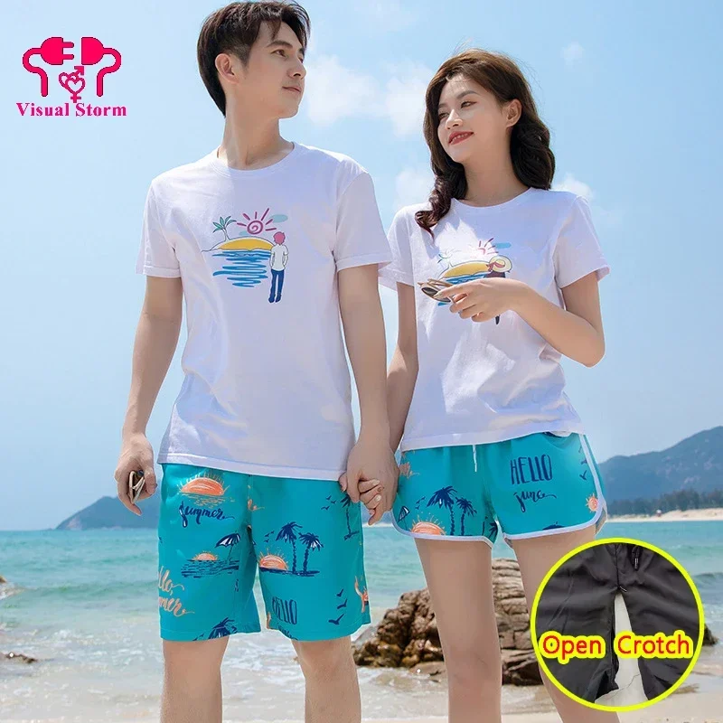 Couple Open Crotch Pants Man Woman Invisible Zippers Outdoor Crotchless Shorts Bikini Travel Y2K Printing Fast Breathable Trunks