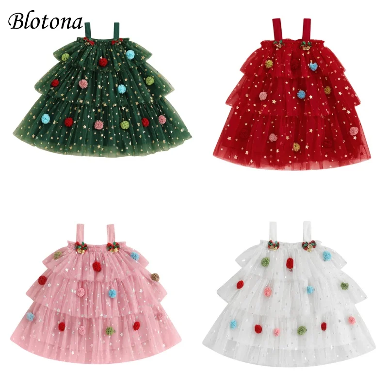 

Blotona Little Girl Christmas Dress Star Print Square Neck Sleeveless Layered Tulle Slip Dress with Plush Ball Christmas Hat