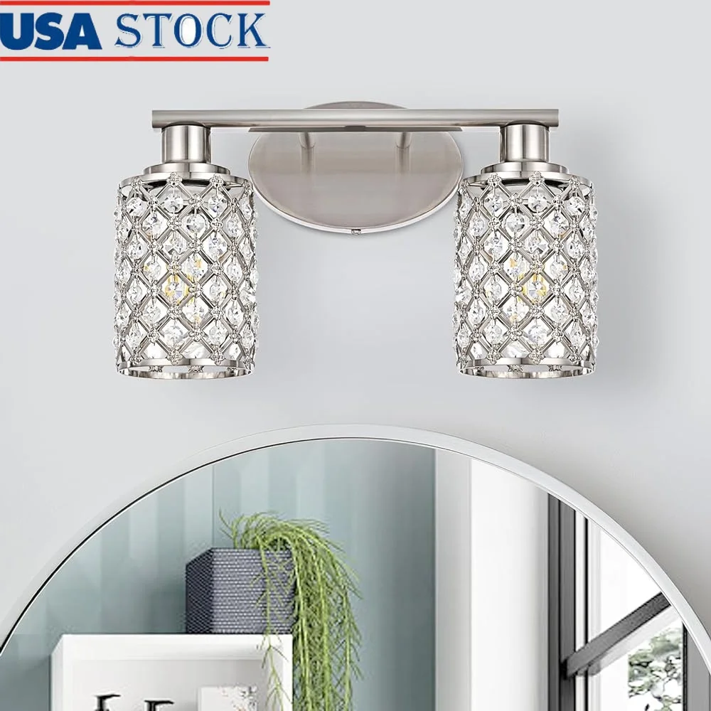 

2 Light Bathroom Vanity Light with Brushed Nickel Finish and Crystal Accents Modern Design Flexible Installation Over Mirror