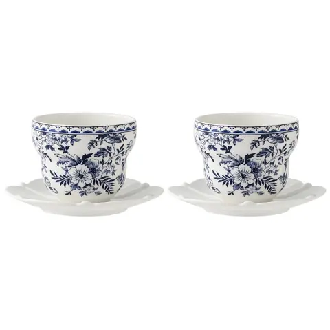 Ceramic Tea Cup and Saucers Set of 2 with Blue and White Florals Pattern, Rounded Handleless Drinking Cup for Coffee, Milk, B03E