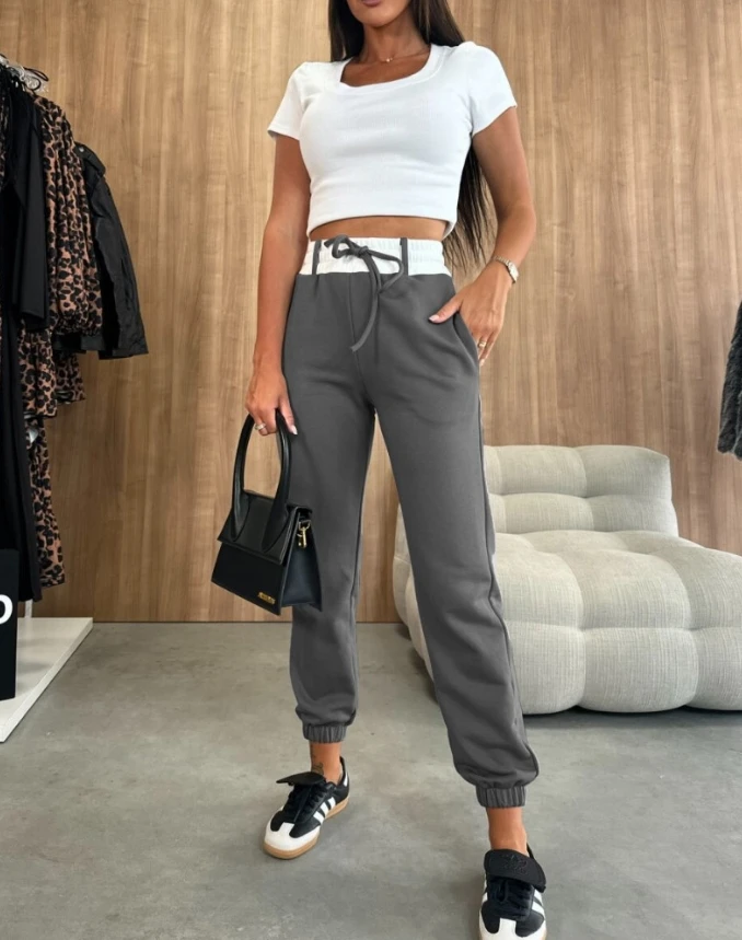 Hot Selling 2024 Elastic Waistband Design with High Waist, Contrasting Color Splicing, and Flanged Women's Long Sports Pants