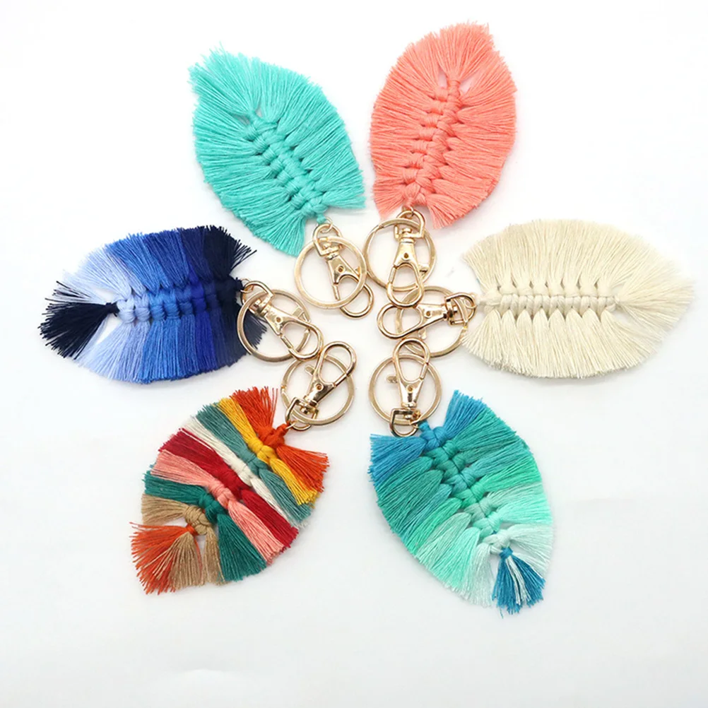 

6pcs Cotton Rope Keychain Cute Hanging Chains Women Backpack Purse Keyrings Tassel Leaf Design Lightweight Compact Stylish