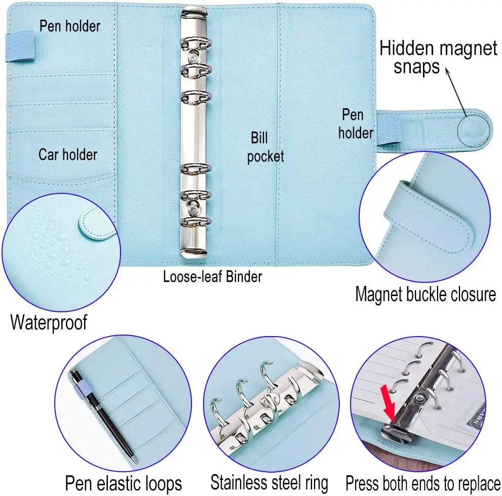 2 sztuk A6 notatnik ze sztucznej skóry wielokrotnego napełniania budżetu spoiwa dla A6 papier wypełniający, osobiste Planner Binder pokrywa z klamra magnetyczna