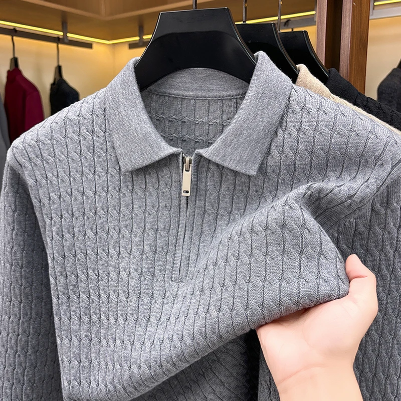 High Quality Long Sleeve Polo Collar Sweater Autumn Fashion Zipper Luxury Brand Classic Jacquard Simple Casual Knitted Pullover
