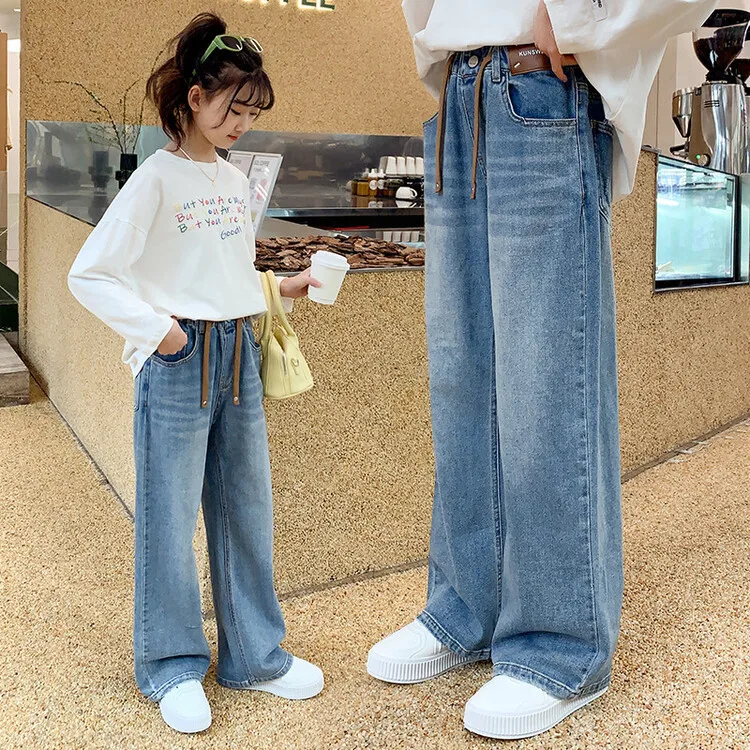 2025 جديد جينز بناتي عالي الجودة عتيق من قماش الدنيم بنطال ذو قصة أرجل واسعة ملابس أطفال بناطيل متينة غير رسمية لملابس المراهقين