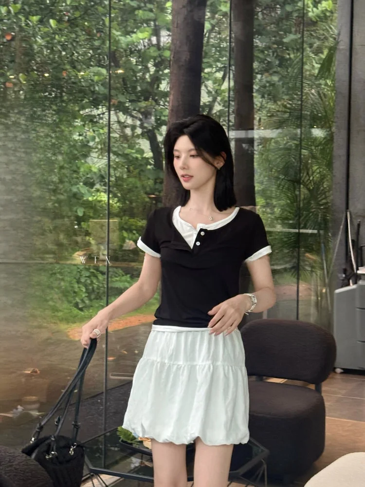 

Женская футболка Color Blo Slim Fit с круглым вырезом, коротким рукавом, стандартной длины, на пуговицах, повседневная