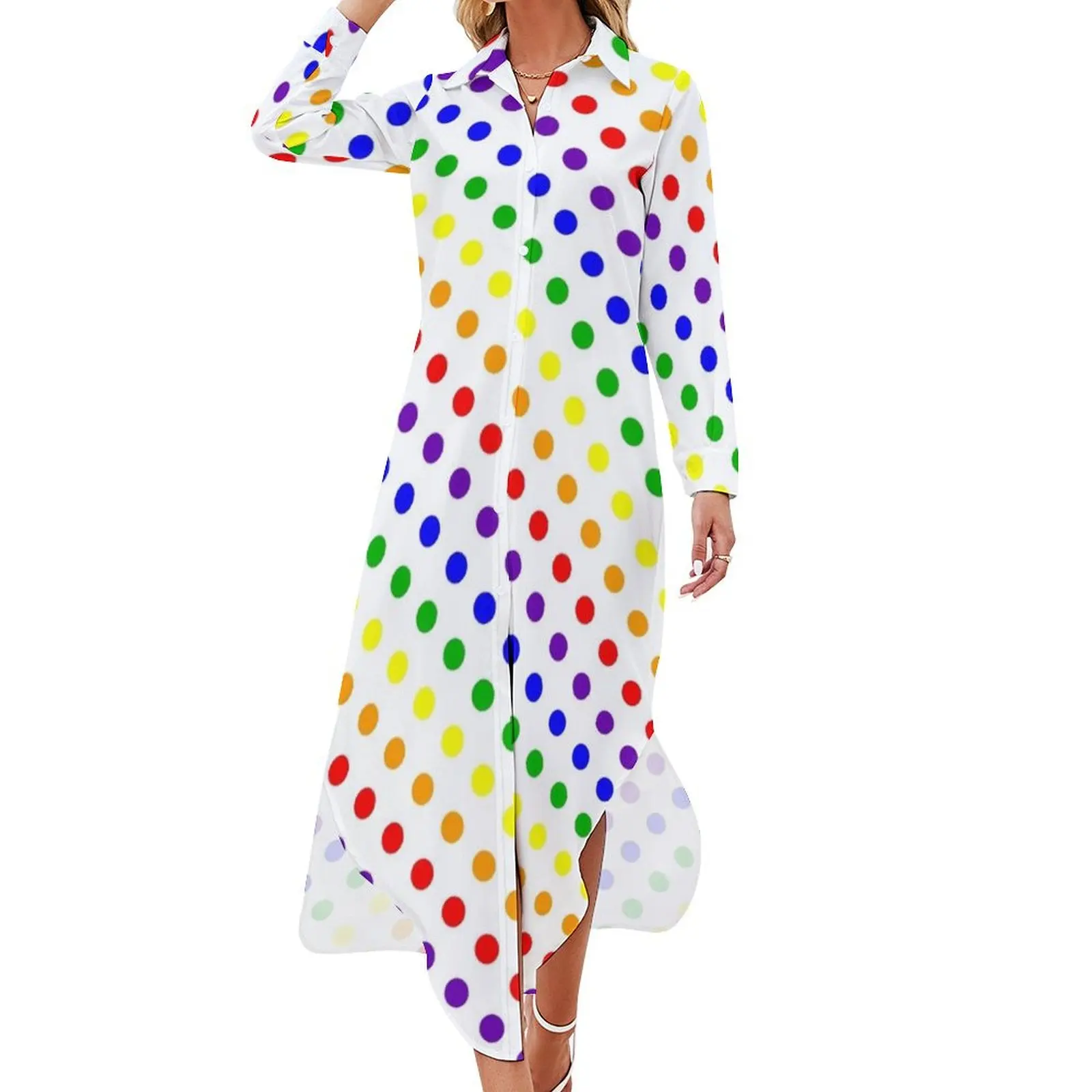

Rainbow Dots Long Sleeved Shirt Dress evening dresses women Dress women