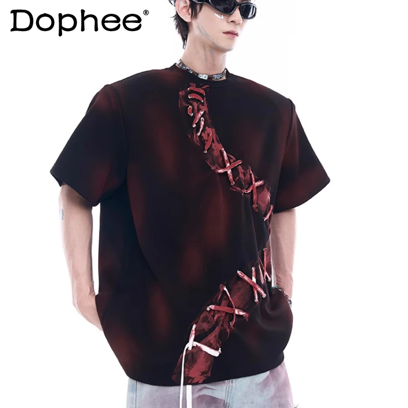 

Fashion Niche Design Strap Short-sleeve Round Neck T-shirts Men's 2025 Summer New Handsome Tops Masculinity Loose Comfort Tees