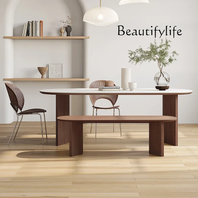 N36 Solid wood rock slab dining table household simple modern walnut two-end round dining table and chair combination