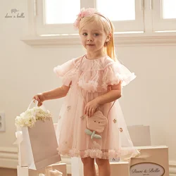 Dave Bella Girl's Princess Dress 2024 New Summer Children's Baby Pink Mesh Wallet Fashion Cute Sweet Charm Party DB2240416