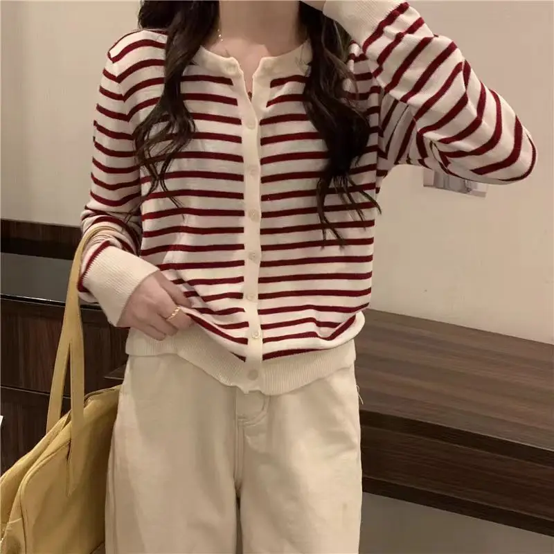 Spring Summer Korean Style Lazy Wind Striped Long Sleeve Cardigan Women Fashion Casual O-neck Knit Tops All-match Thin Sweaters