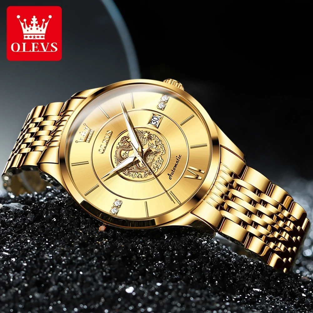 OLEVS-Montre Mécanique existent Dragon pour Homme, Grand Cadran, Horloge de Luxe, Marque Supérieure, Montres-Bracelets Étanches, 6693mm, 42.5