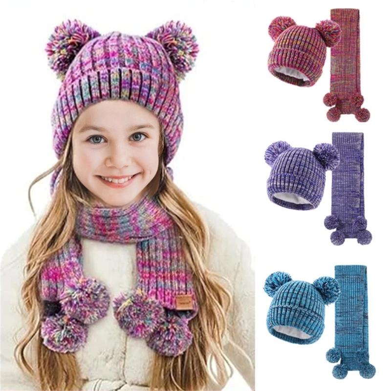 

2024 Fashion Children Winter Fur Pompom Beanie Hat Scarf Warm Knitted Baby Hats For Kids Girls Boys Pom pom Cap