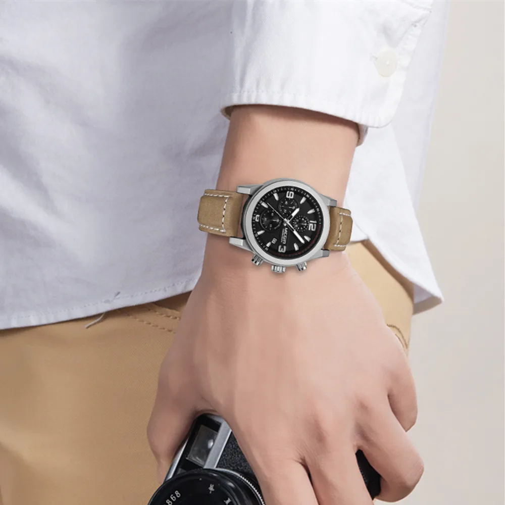 MEGIR 2026 العلامة التجارية الفاخرة للرجال حزام من الجلد ساعة كوارتز تاريخ تلقائي كرونوغراف مقاوم للماء ساعات الموضة للرجل Reloj