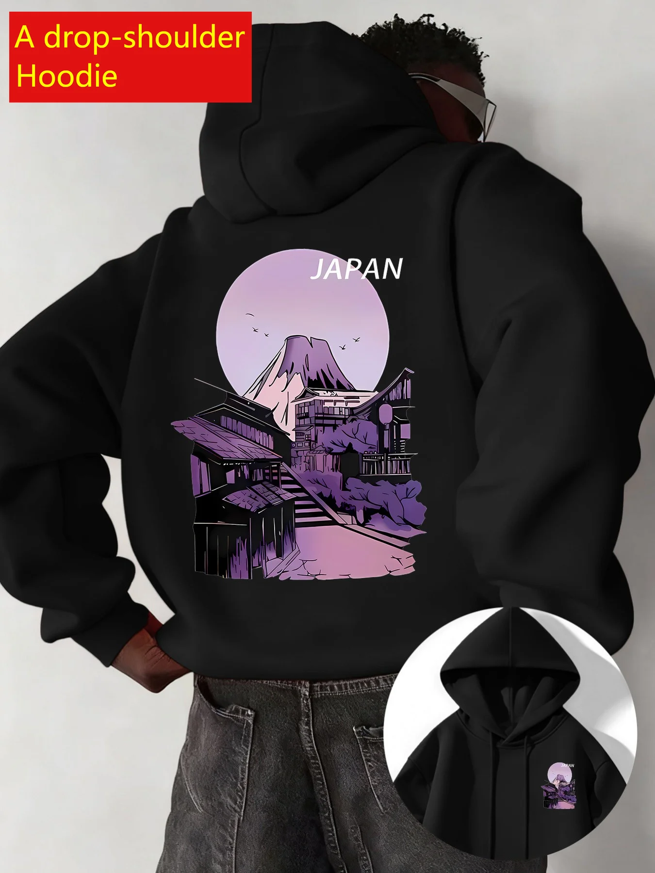 Trendy Japanese Mt Fuji Building Print Drop Shoulder Hoodie Men Casual Fashion Pullover Sweatshirt Pullover Hoodie XS-5XL