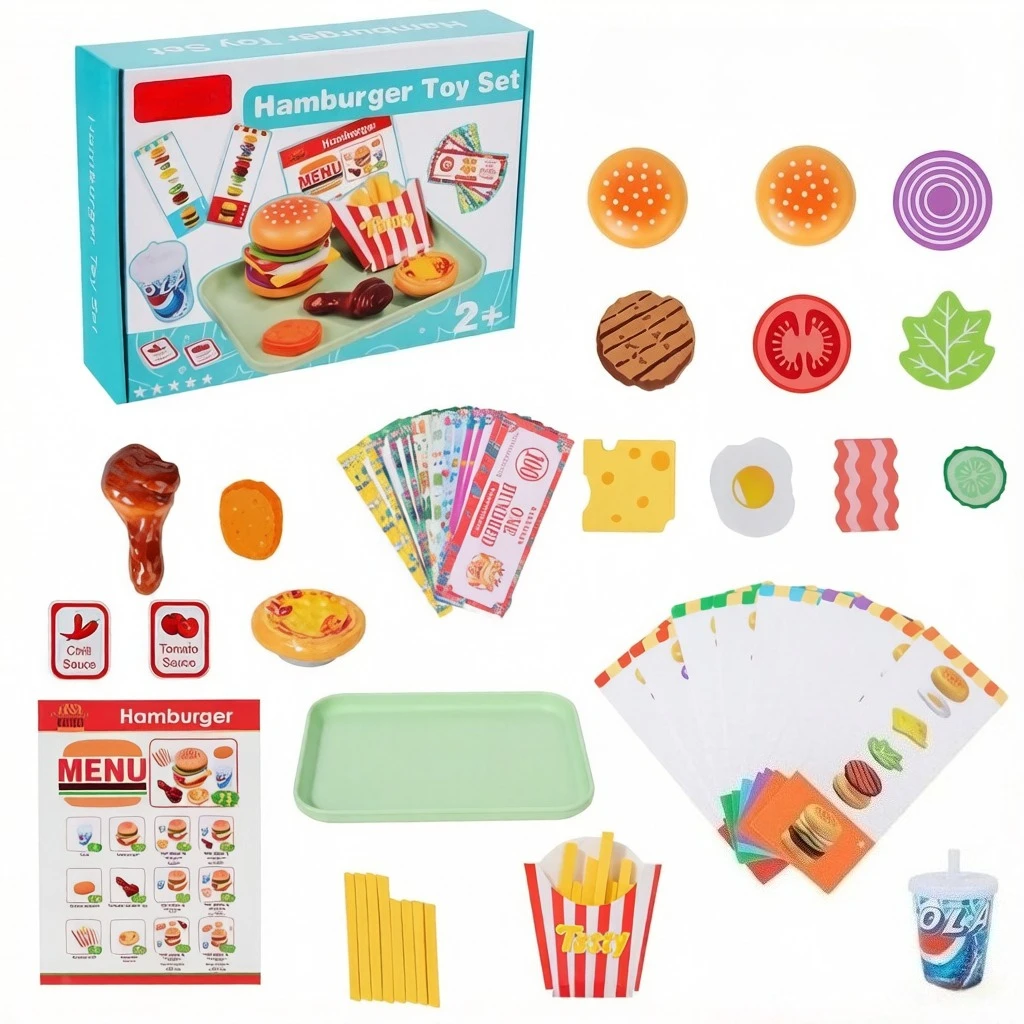 

40+Pcs Wooden Burger Kitchen Playset with roast chicken, coins & cards, pretend play birthday gift for kids aged 2-6